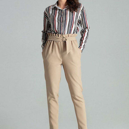 Chic Beige Trousers with Glamorous Golden Buckle - Comfortable Style
