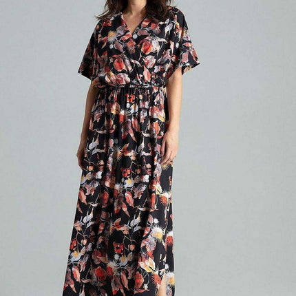 Floral Kimono Sleeve Long Dress with Stylish Envelope Neckline