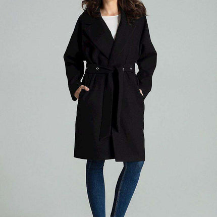 Chic Black Overcoat with Fashionable Waistbelt and Wide Lapels