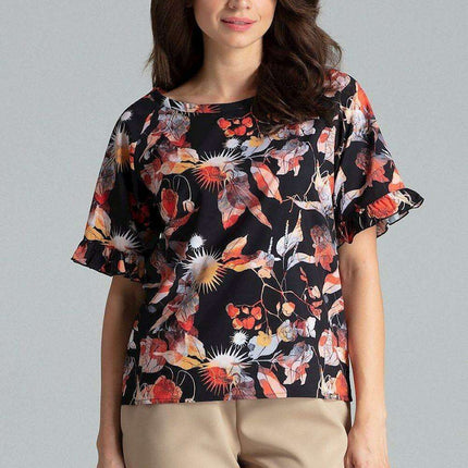 Floral Frill Sleeve Blouse with Elegant Emblem