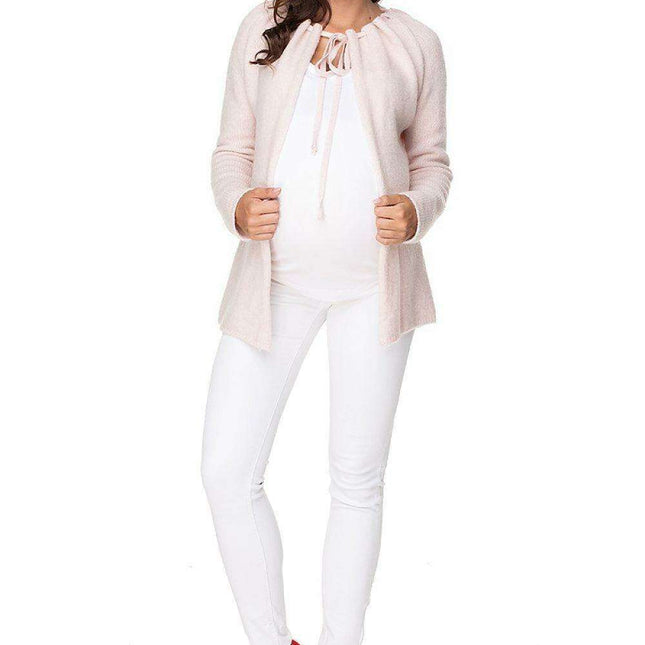 Elegant Tie-Neck Maternity Cardigan in Soft Acrylic Blend