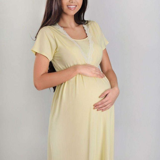 Charming Pastel Yellow Lace-Accented Maternity Nightgown