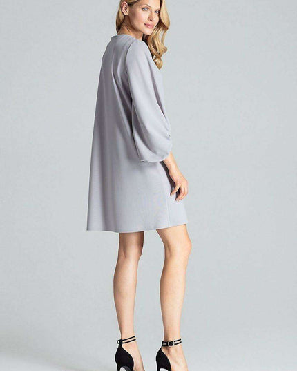 Elegant Navy Blue Midi Dress with Stylish Buffet Sleeves for Effortless Chic