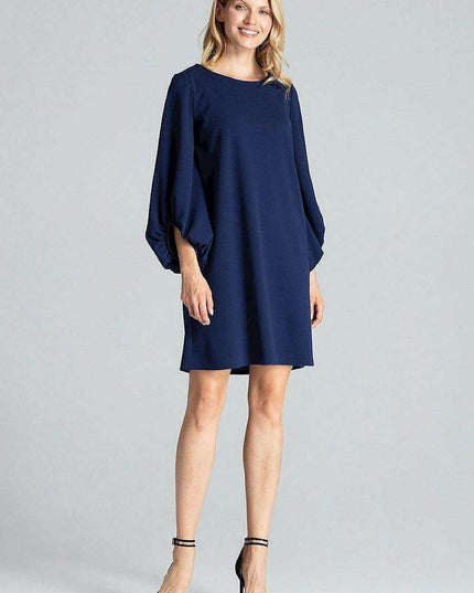 Elegant Navy Blue Midi Dress with Stylish Buffet Sleeves for Effortless Chic