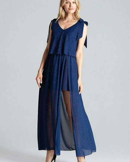Elegant Navy Blue Sleeveless Cocktail Dress with Feminine Shoulder Ties