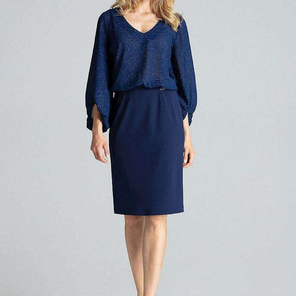 Chic Navy Blue Midi Pencil Skirt with Exquisite Brocade Accents