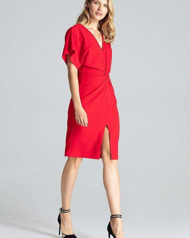 Elegant Navy Blue Midi Dress with Kimono Sleeves and Alluring Envelope Neckline