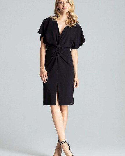 Elegant Navy Blue Midi Dress with Kimono Sleeves and Alluring Envelope Neckline
