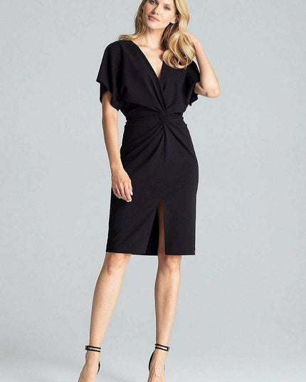 Elegant Navy Blue Midi Dress with Kimono Sleeves and Alluring Envelope Neckline