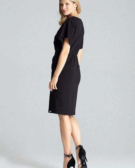 Elegant Navy Blue Midi Dress with Kimono Sleeves and Alluring Envelope Neckline