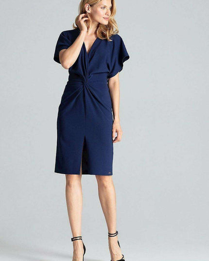 Elegant Navy Blue Midi Dress with Kimono Sleeves and Alluring Envelope Neckline
