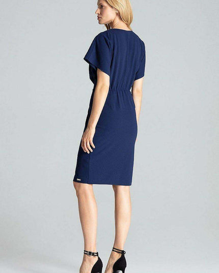 Elegant Navy Blue Midi Dress with Kimono Sleeves and Alluring Envelope Neckline