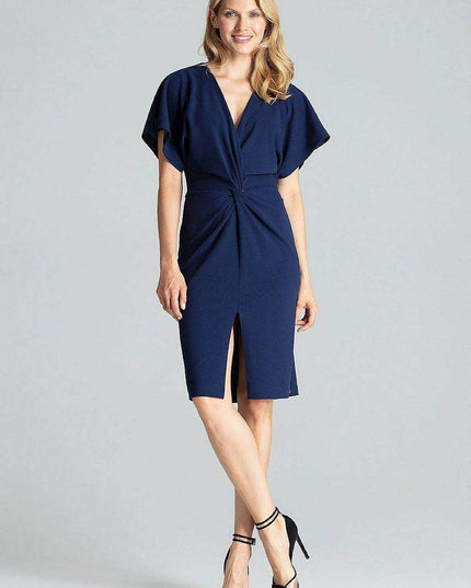 Elegant Navy Blue Midi Dress with Kimono Sleeves and Alluring Envelope Neckline