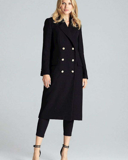 Navy Blue Chic: Elegant Double-Breasted Coat with Golden Accents