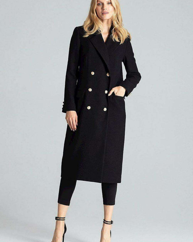 Navy Blue Chic: Elegant Double-Breasted Coat with Golden Accents