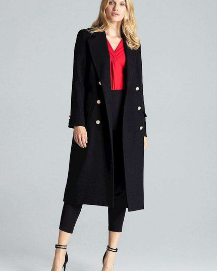 Navy Blue Chic: Elegant Double-Breasted Coat with Golden Accents