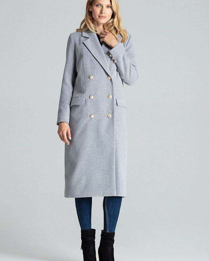 Navy Blue Chic: Elegant Double-Breasted Coat with Golden Accents