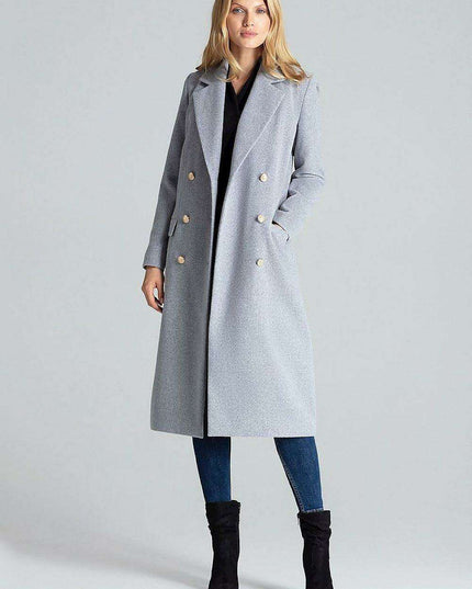 Navy Blue Chic: Elegant Double-Breasted Coat with Golden Accents