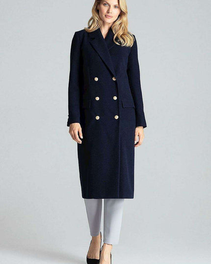 Navy Blue Chic: Elegant Double-Breasted Coat with Golden Accents