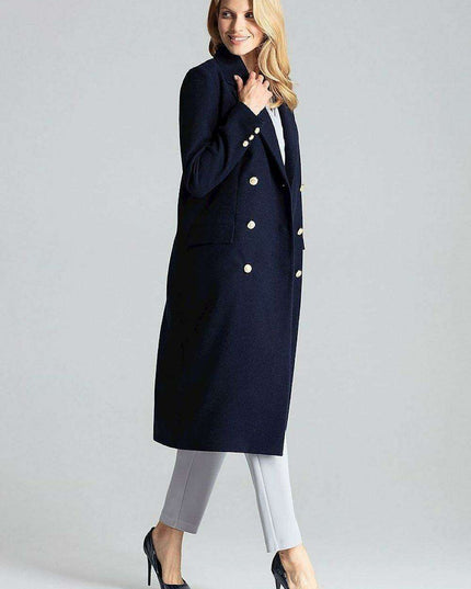 Navy Blue Chic: Elegant Double-Breasted Coat with Golden Accents