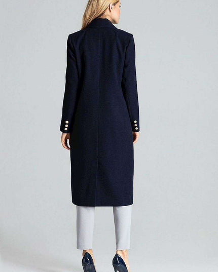 Navy Blue Chic: Elegant Double-Breasted Coat with Golden Accents