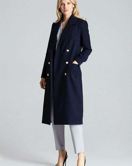 Navy Blue Chic: Elegant Double-Breasted Coat with Golden Accents
