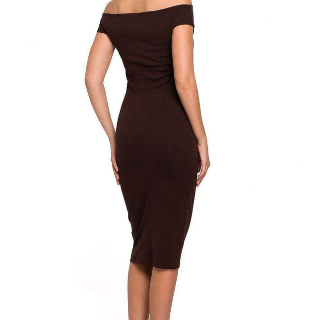 Elegant Off-Shoulder Midi Dress in Stretch Knit Fabric