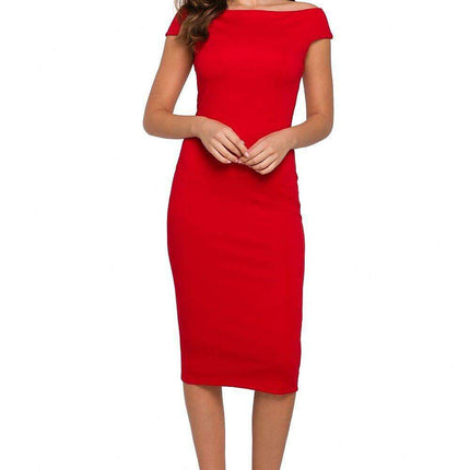 Elegant Off-Shoulder Midi Dress in Stretch Knit Fabric