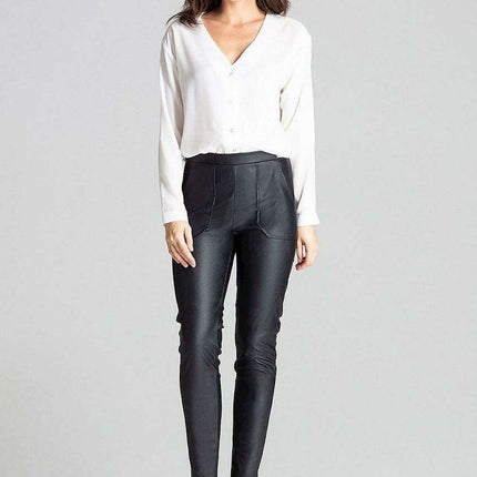 Sustainable Chic: Eco-Leather Tailored Trousers with Practical Patch Pockets in Classic Black