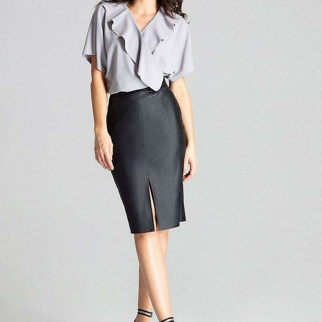 Chic Eco-Leather Midi Pencil Skirt with Elegant Front Clasp