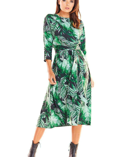 Chic Midi Dress with Stylish Prints and Complementary Waist Belt