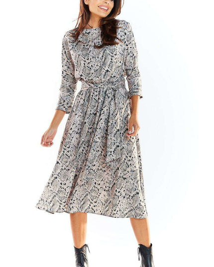 Chic Midi Dress with Stylish Prints and Complementary Waist Belt