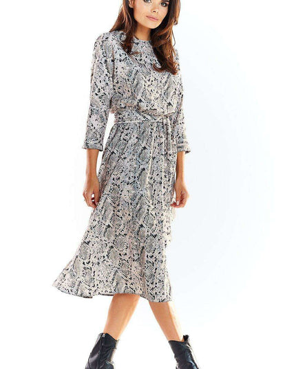 Chic Midi Dress with Stylish Prints and Complementary Waist Belt