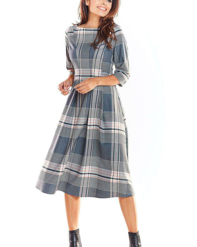 Elegant Checked Flare Midi Dress