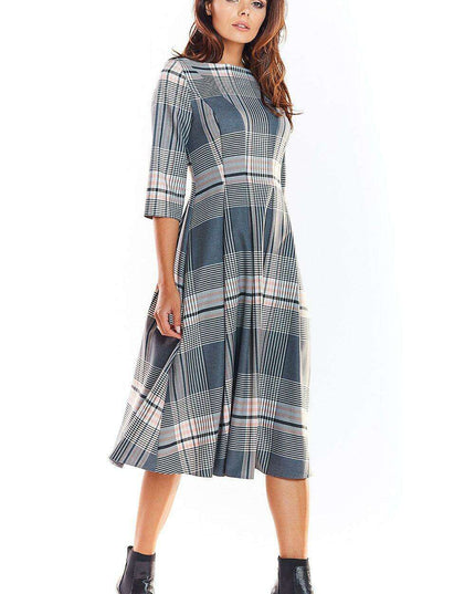 Elegant Checked Flare Midi Dress