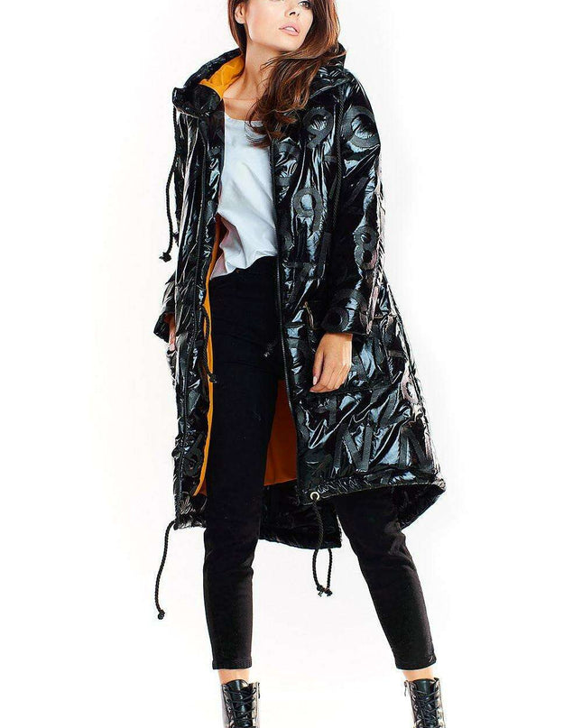 Sleek Modern Oversized Glossy Coat with Snap Fastening