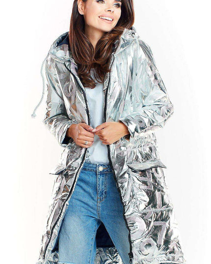 Sleek Modern Oversized Glossy Coat with Snap Fastening