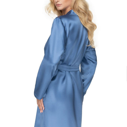 Sapphire Satin Bathrobe With Lace Shoulders And Tie Waist Long Sleeves - Très Elite