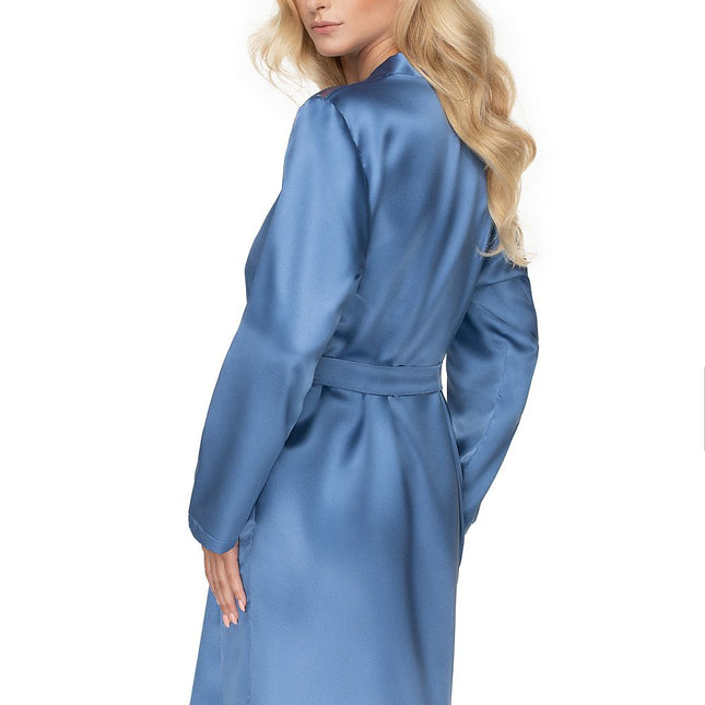 Sapphire Satin Bathrobe With Lace Shoulders And Tie Waist Long Sleeves - Très Elite