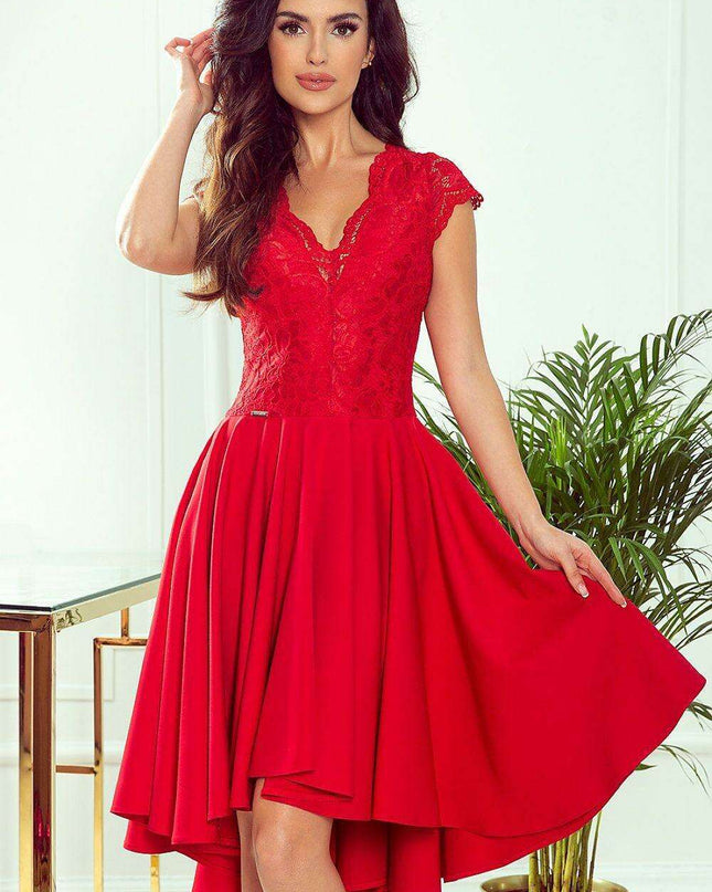 Raspberry Elegance Asymmetrical Lace Evening Dress by Numoco