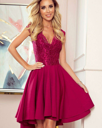 Raspberry Elegance Asymmetrical Lace Evening Dress by Numoco