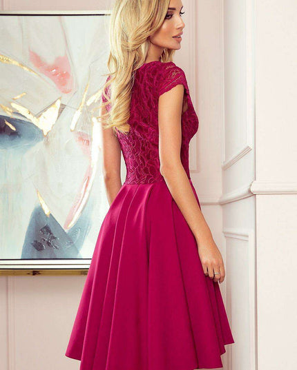 Raspberry Elegance Asymmetrical Lace Evening Dress by Numoco