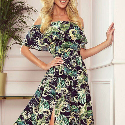 Elegant Green Leaf Maxi Dress with Luxe Gold Accents - Numoco