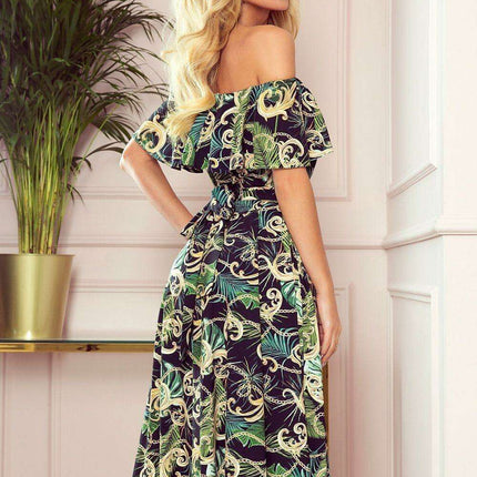 Elegant Green Leaf Maxi Dress with Luxe Gold Accents - Numoco