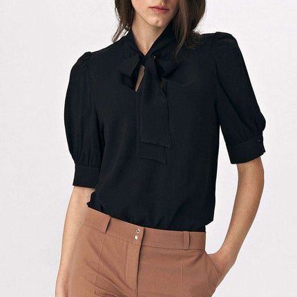 Chic Viscose Blouse With Elbow Sleeves And Stylish Neckline