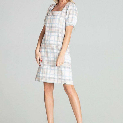 Puffed Sleeve Checkered Midi Dress with Elegant Square Neck