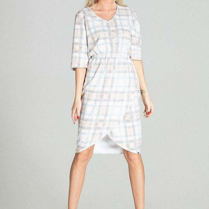Spring-Ready Checkered Midi Dress with 3/4 Sleeves and Comfort Fit Waistband