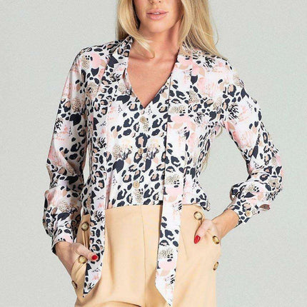 Elegant Leopard Print Blouse with Sash Tie and Long Sleeves