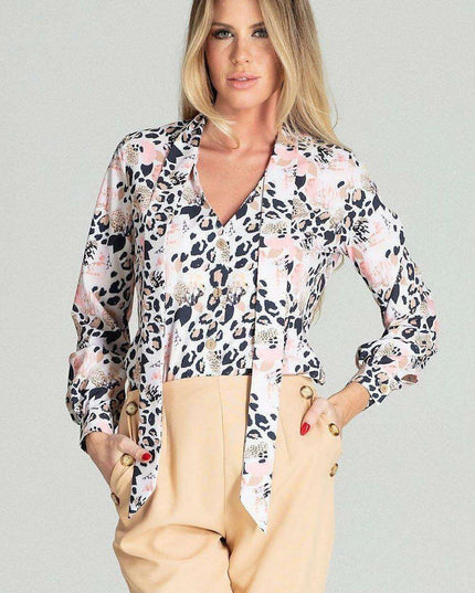 Elegant Leopard Print Blouse with Sash Tie and Long Sleeves