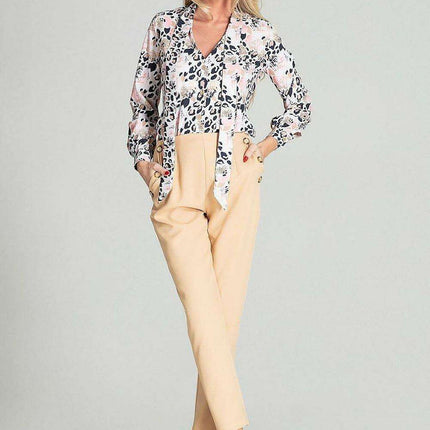 Elegant Leopard Print Blouse with Sash Tie and Long Sleeves